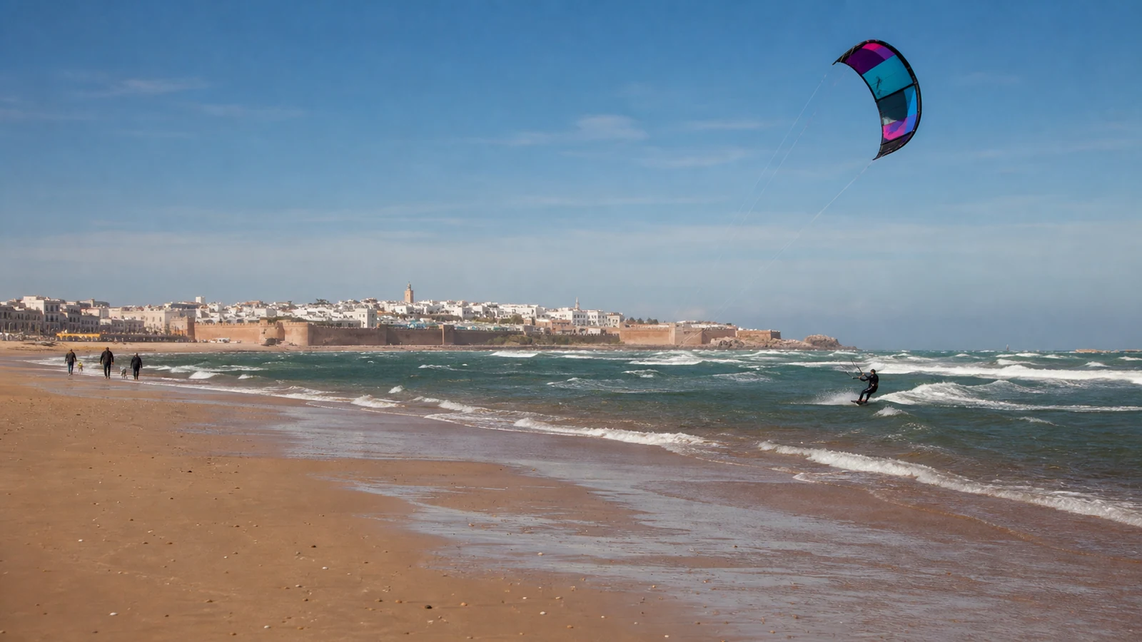 Wide Essaouira beach with a kitesurfer and the medina beyond