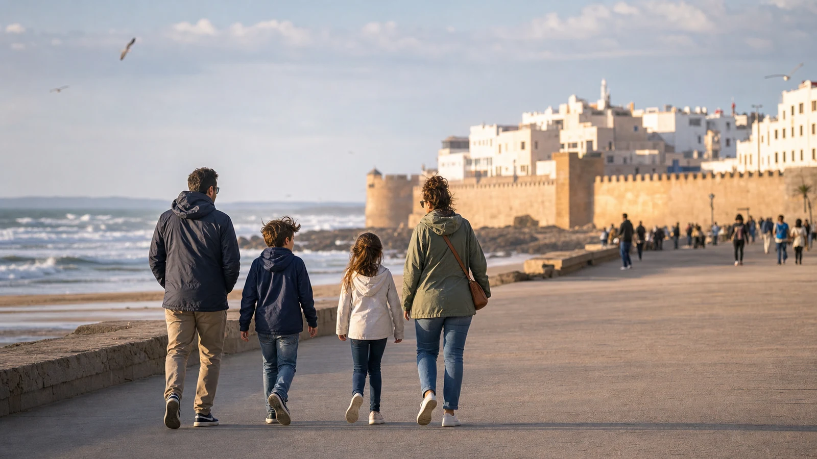 Family walking along Essaouira’s broad Atlantic promenade