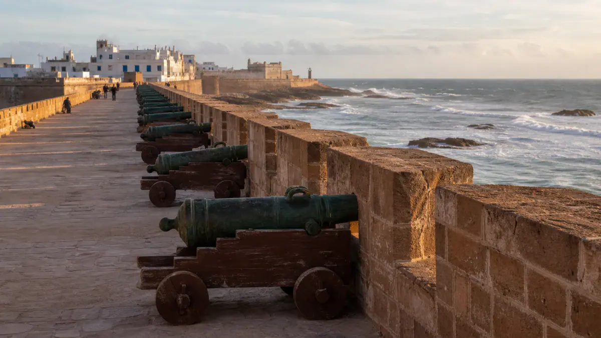 Historic cannons on Essaouira ramparts overlooking the Atlantic Ocean