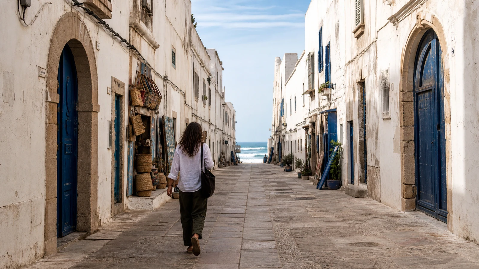 Quiet blue and white lane inside Essaouira medina