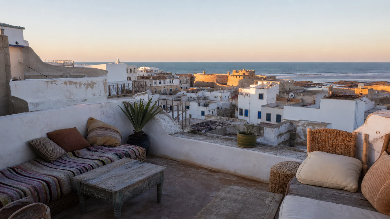 Riad terrace in Essaouira medina, contrasting with vehicle-accessible hotels