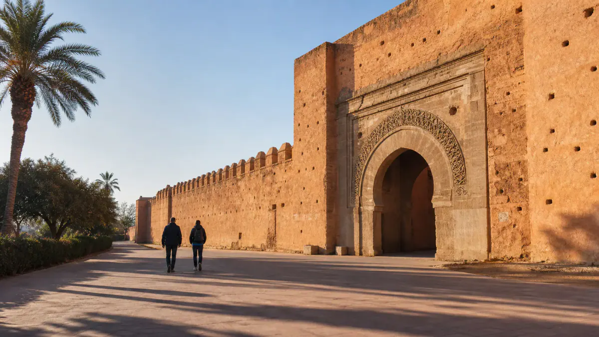 Historic ochre rampart and monumental gate in Marrakech's Kasbah district