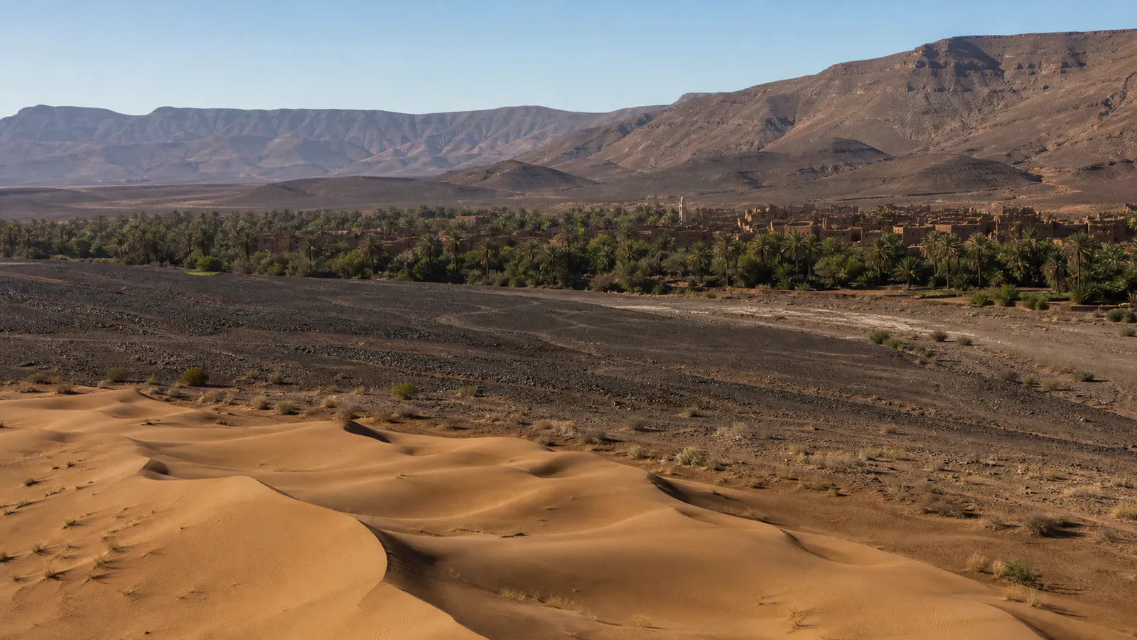 Dunes, hamada, oasis and dry mountains meeting in Morocco’s desert south