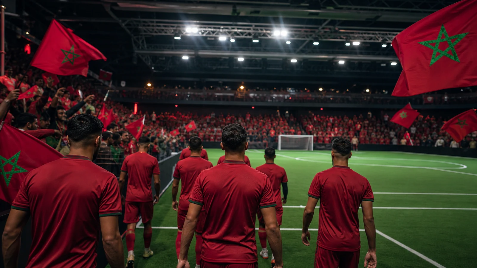 Moroccan team walking into a seven-a-side arena before its world tournament debut