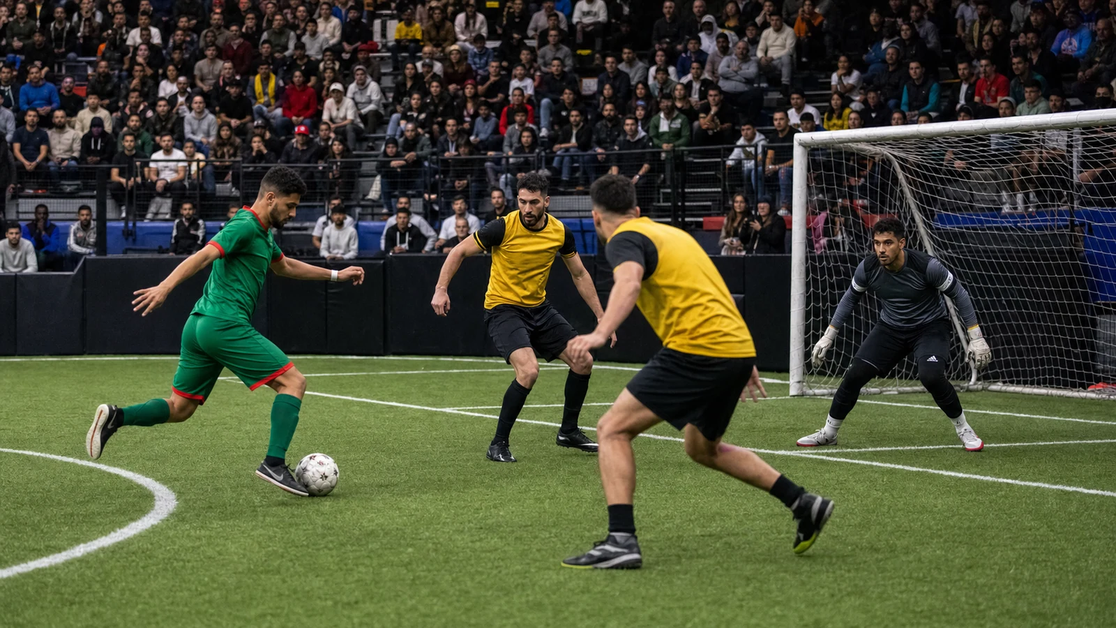 Green-kit attacker facing defenders during a compact-arena football match
