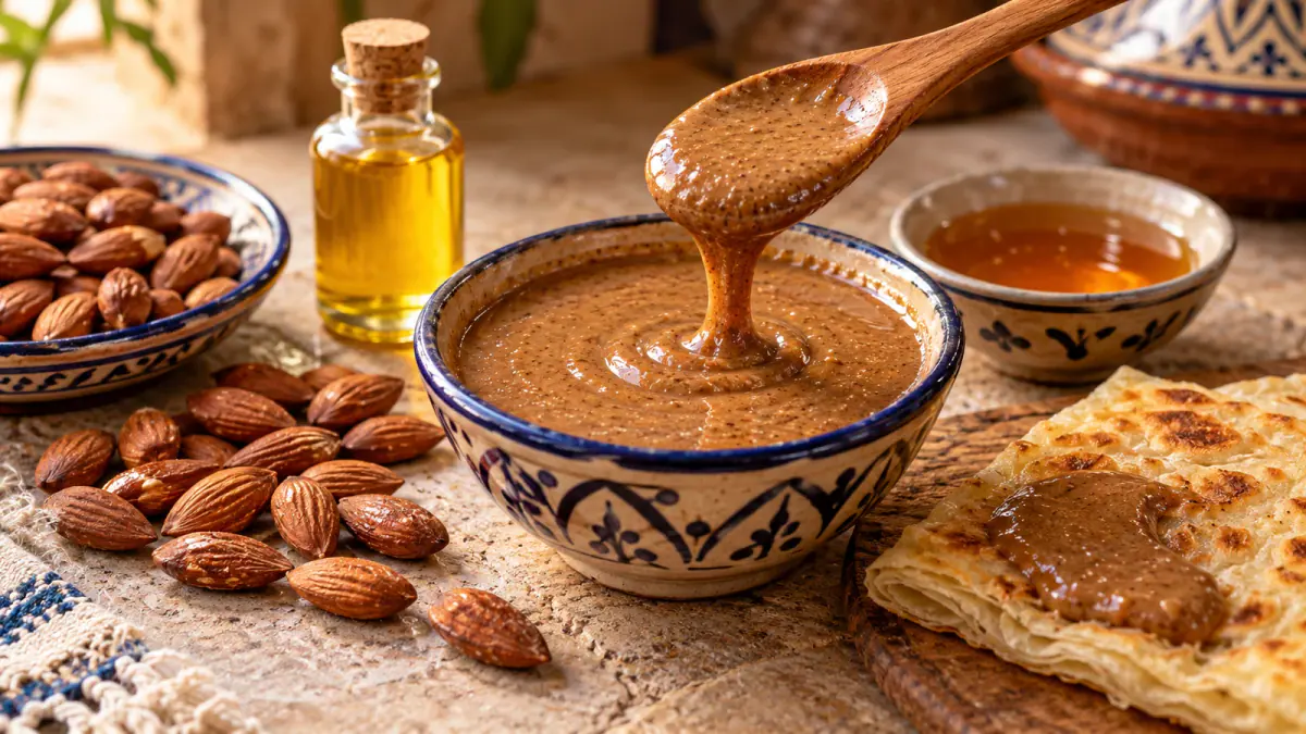 A wooden spoon lifting brown almond amlou above a ceramic bowl with almonds, culinary argan oil, honey and msemen nearby