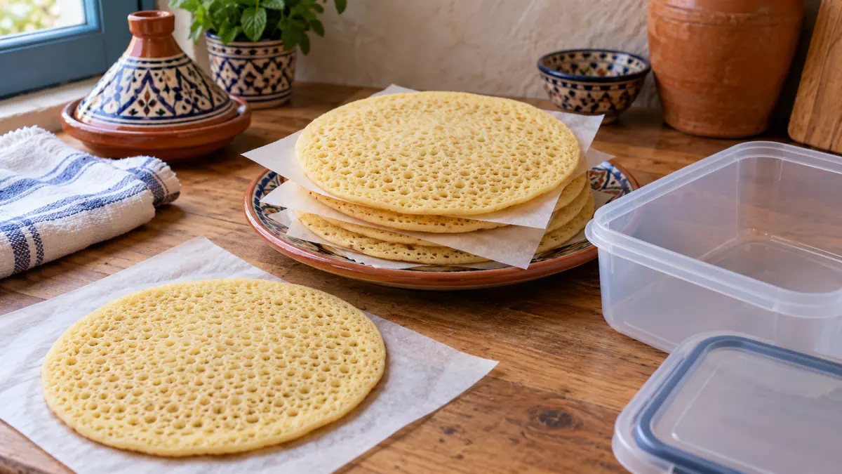 Plain cooked baghrir separated by parchment beside an open freezer container
