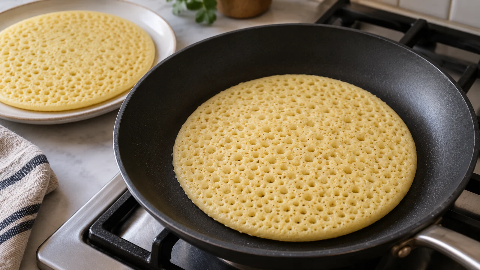 A baghrir pancake with an open honeycomb surface in a skillet