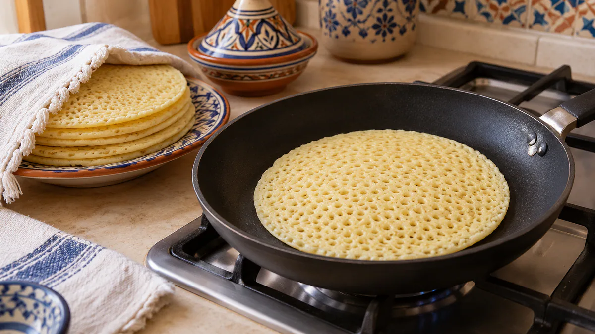Plain baghrir warming honeycomb-side up in a dry skillet beside a covered stack