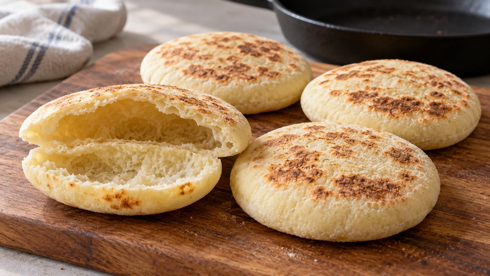 Batbout rounds with one cut bread showing an open interior pocket