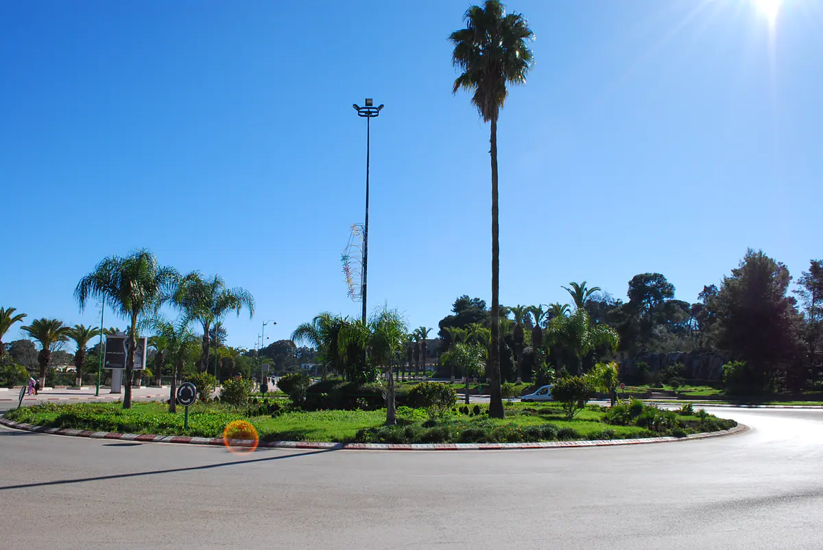 Landscaped roundabout with palms in Benslimane city