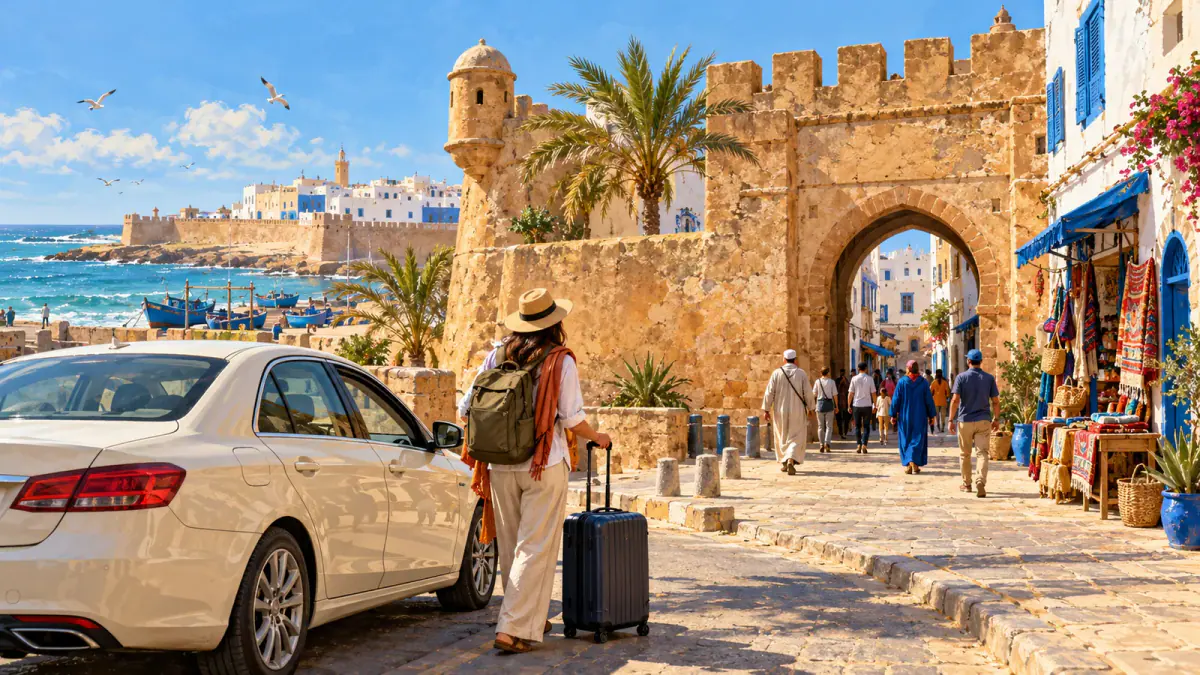 Illustrated traveler with a suitcase beside a transfer car outside a coastal medina gate inspired by Essaouira