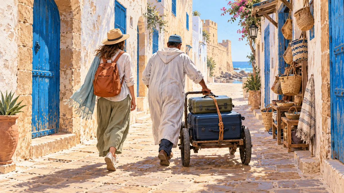 Illustrated traveler walking beside a luggage cart through a sunlit white-and-blue medina lane