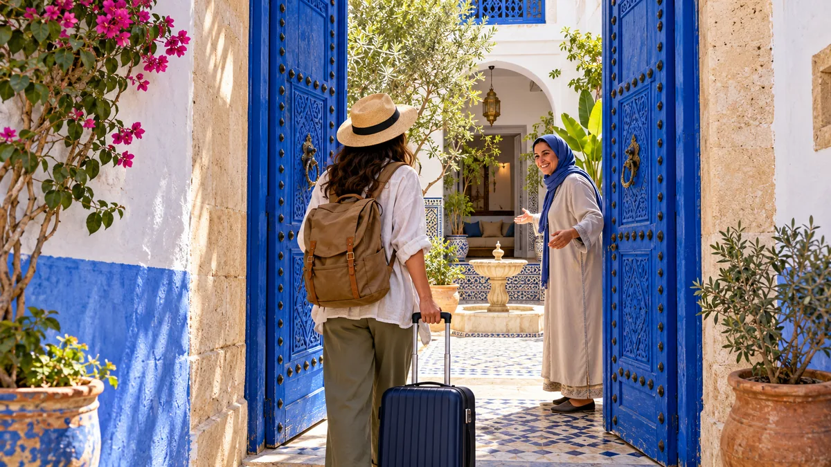 Illustrated host welcoming a traveler with a suitcase through blue doors into a tiled Moroccan riad courtyard
