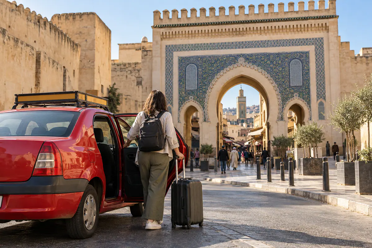 Traveler with luggage leaving a red petit taxi near Bab Boujloud at the edge of Fes medina