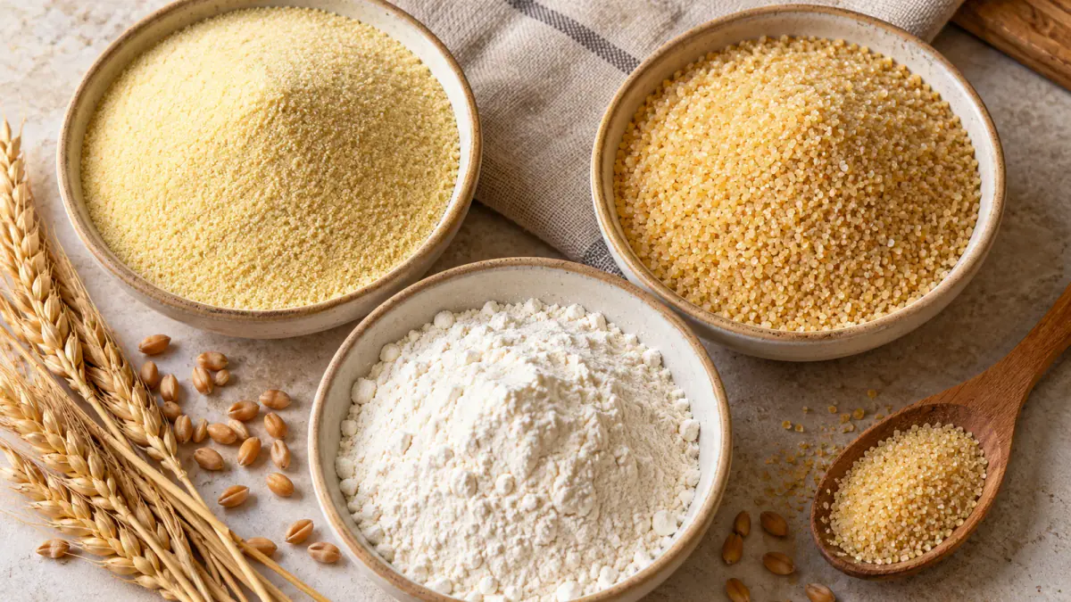 Three shallow ceramic bowls containing fine golden semolina, coarse golden semolina and smooth white flour