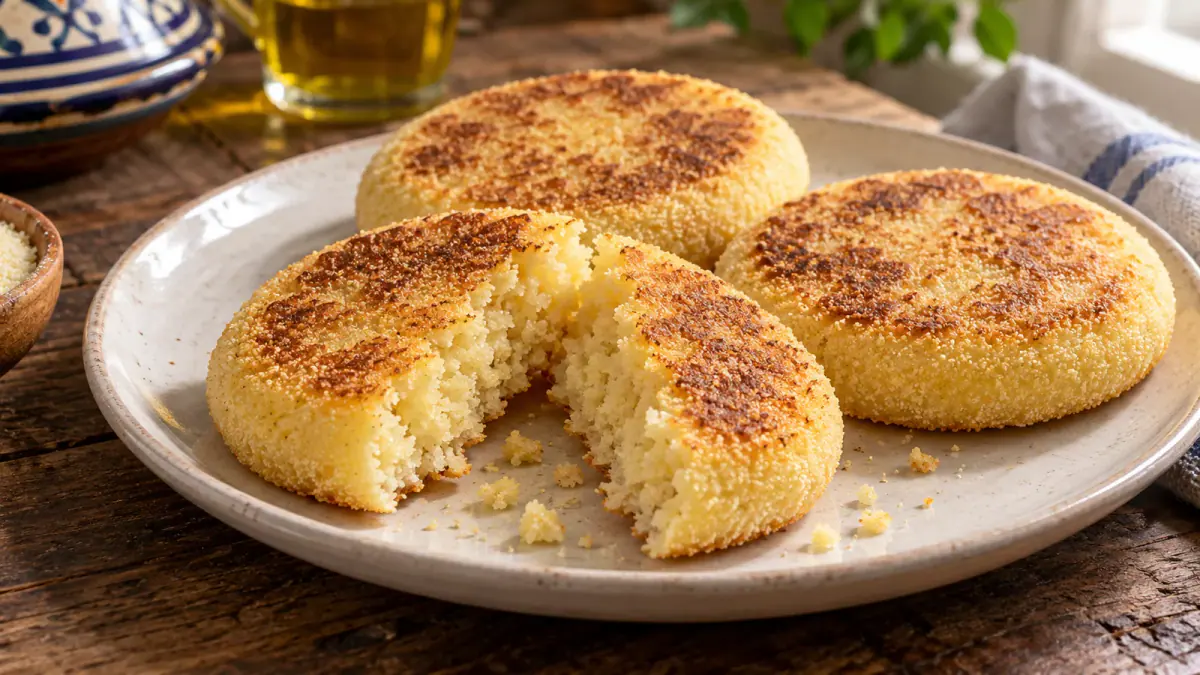 Small golden harcha rounds on a cream plate with one split to show its grainy semolina interior