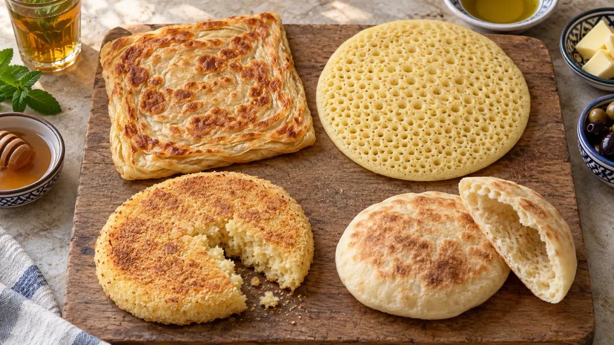 A square layered msemen, porous baghrir, crumbly harcha and round batbout arranged on a kitchen board