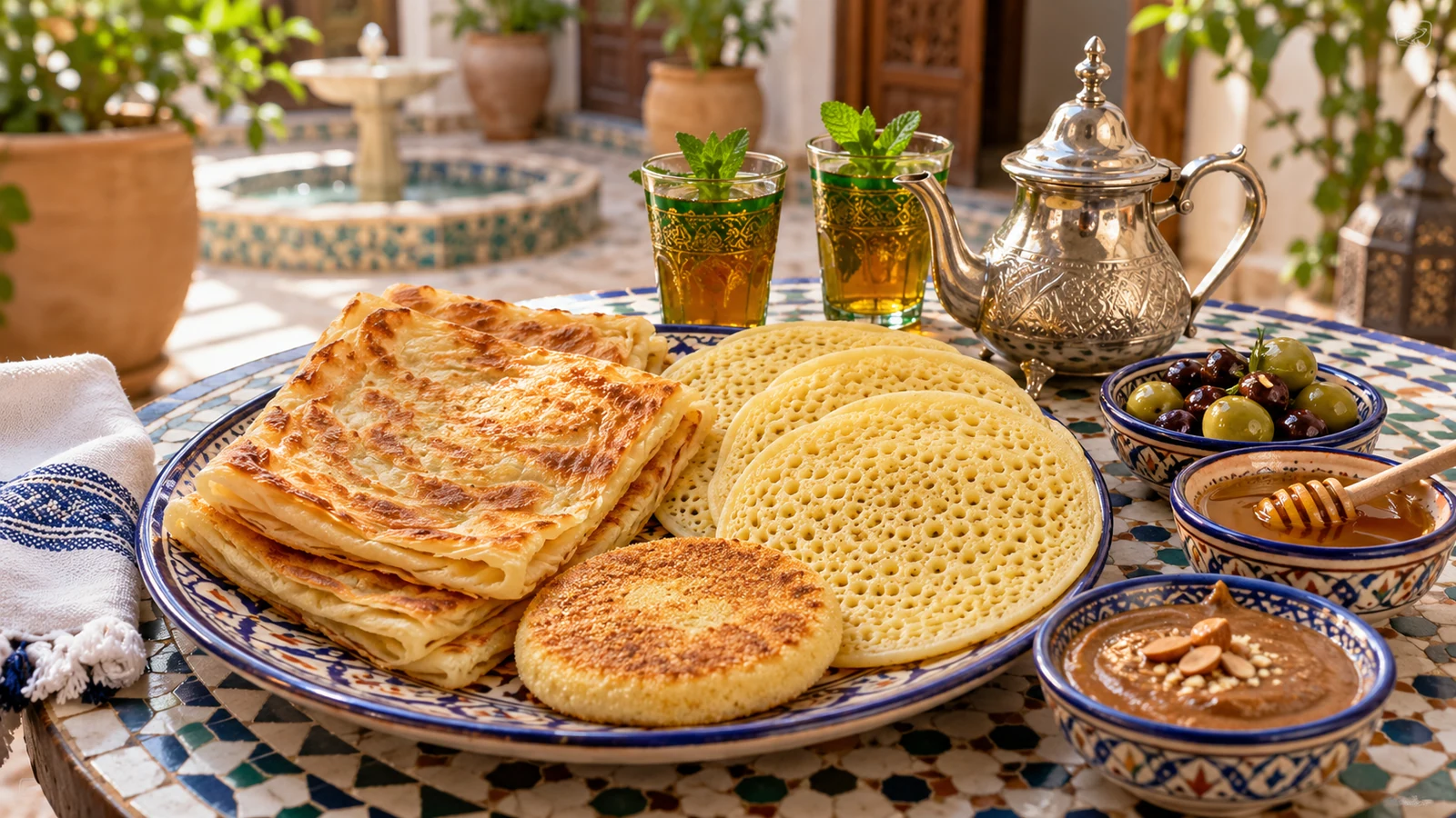 Moroccan breakfast with layered msemen, porous baghrir, semolina harcha and small bowls of accompaniments