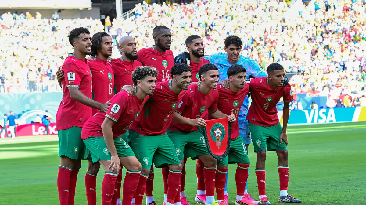 Morocco men's national football team posing together before a 2026 World Cup match