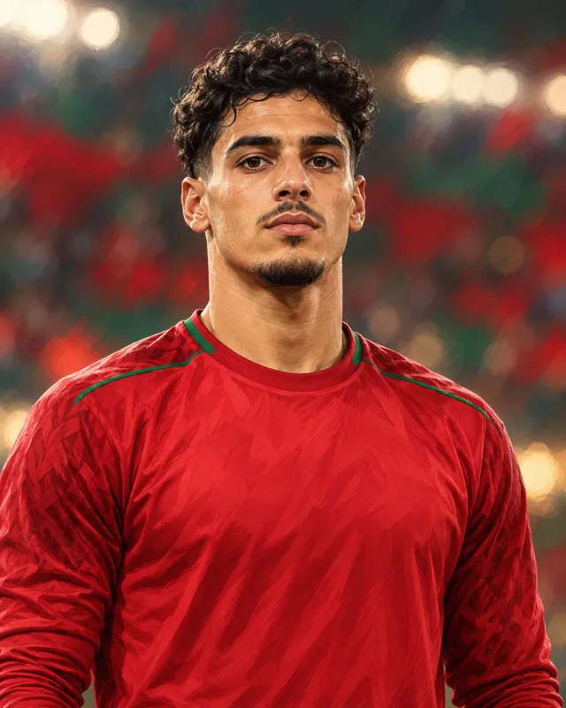 AI-generated editorial portrait illustration of Morocco goalkeeper Alaa Bellarouch