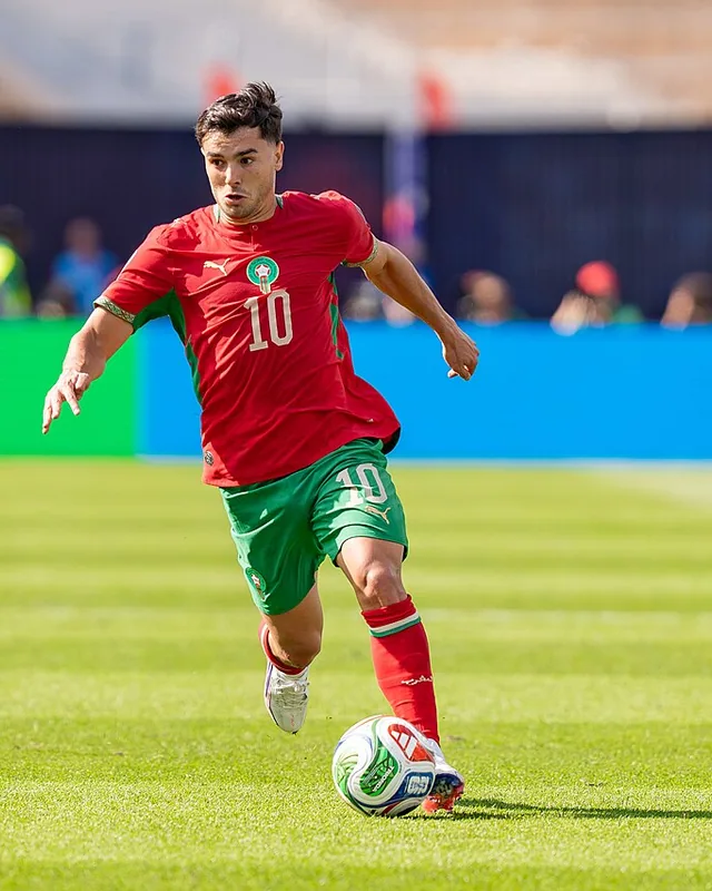 Brahim Diaz dribbling the ball in Morocco's number 10 shirt