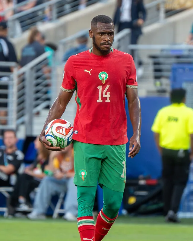 Issa Diop carrying the ball in Morocco kit at the 2026 World Cup