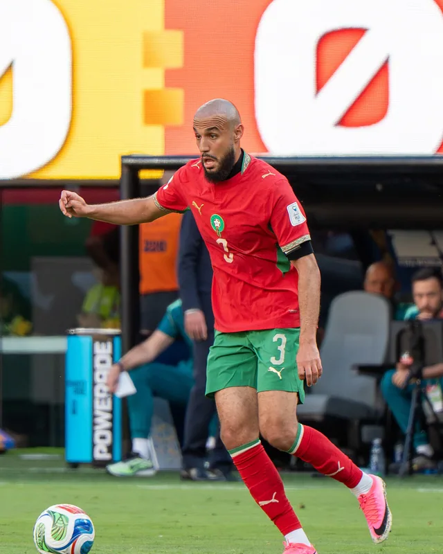 Noussair Mazraoui playing for Morocco at the 2026 World Cup