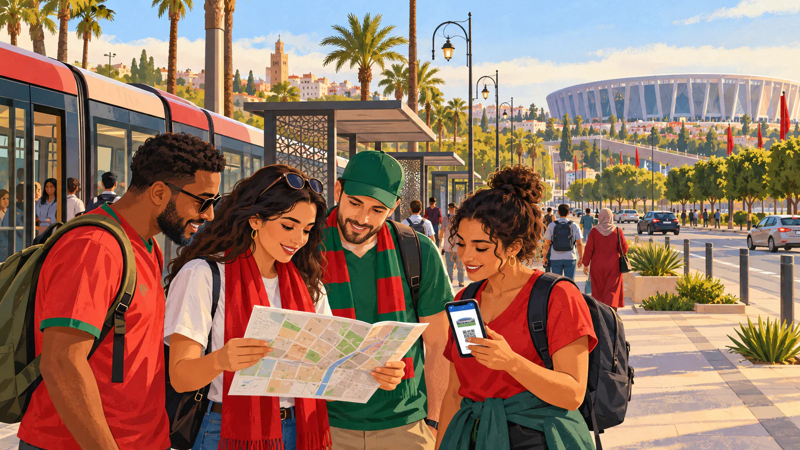 Stylized editorial illustration of football supporters planning a Rabat stadium journey beside public transport