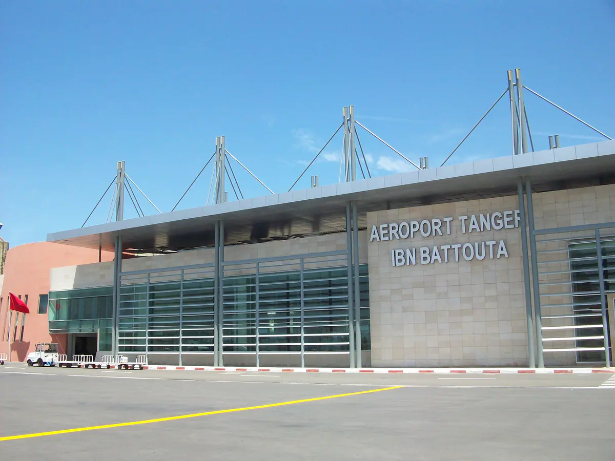 Exterior of Tangier Ibn Battouta Airport with its name displayed on the terminal